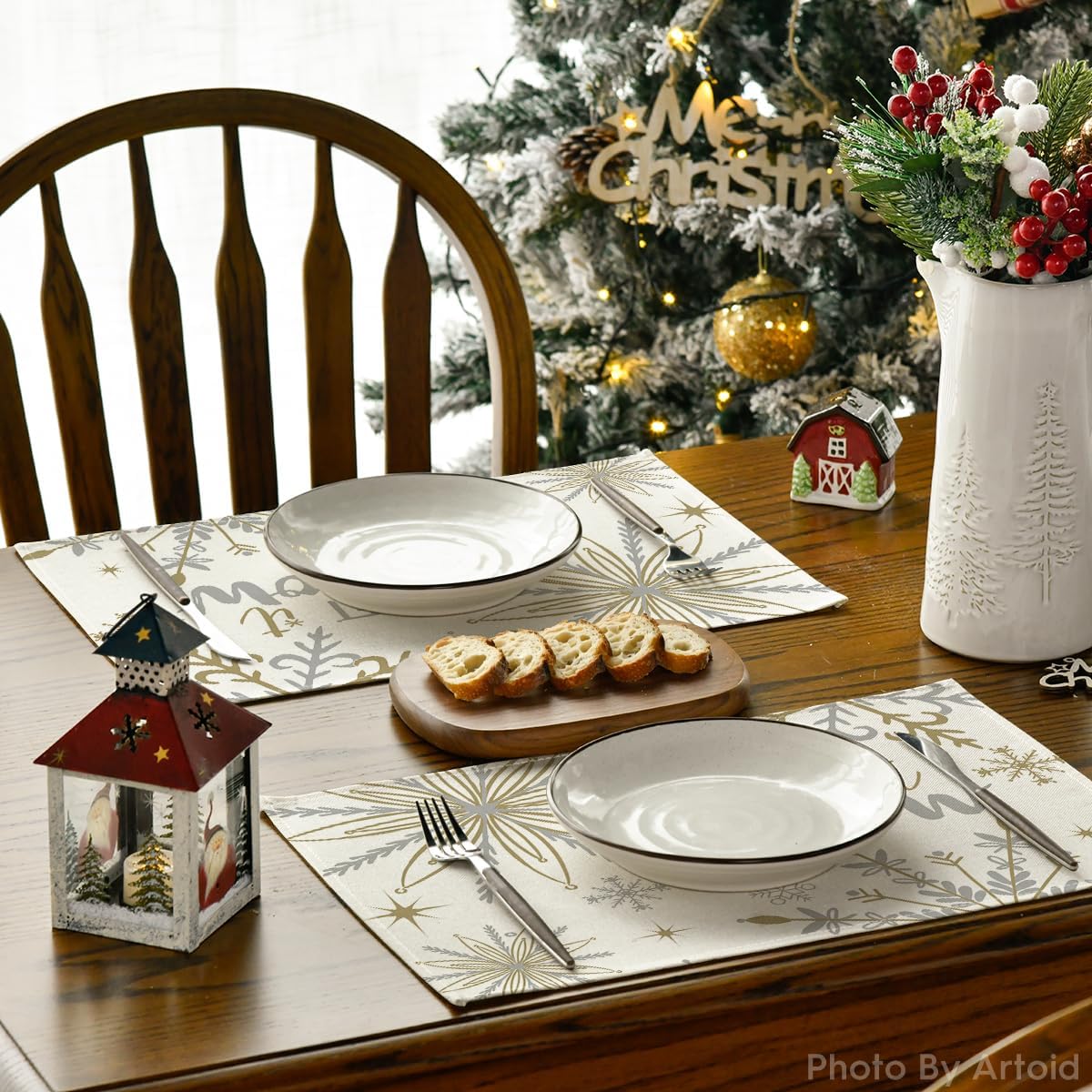 Artoid Mode Beige Snowflake Let It Snow Winter Placemats Set of 4, 12x18 Inch Seasonal Christmas Table Mats for Party Kitchen Dining Decoration