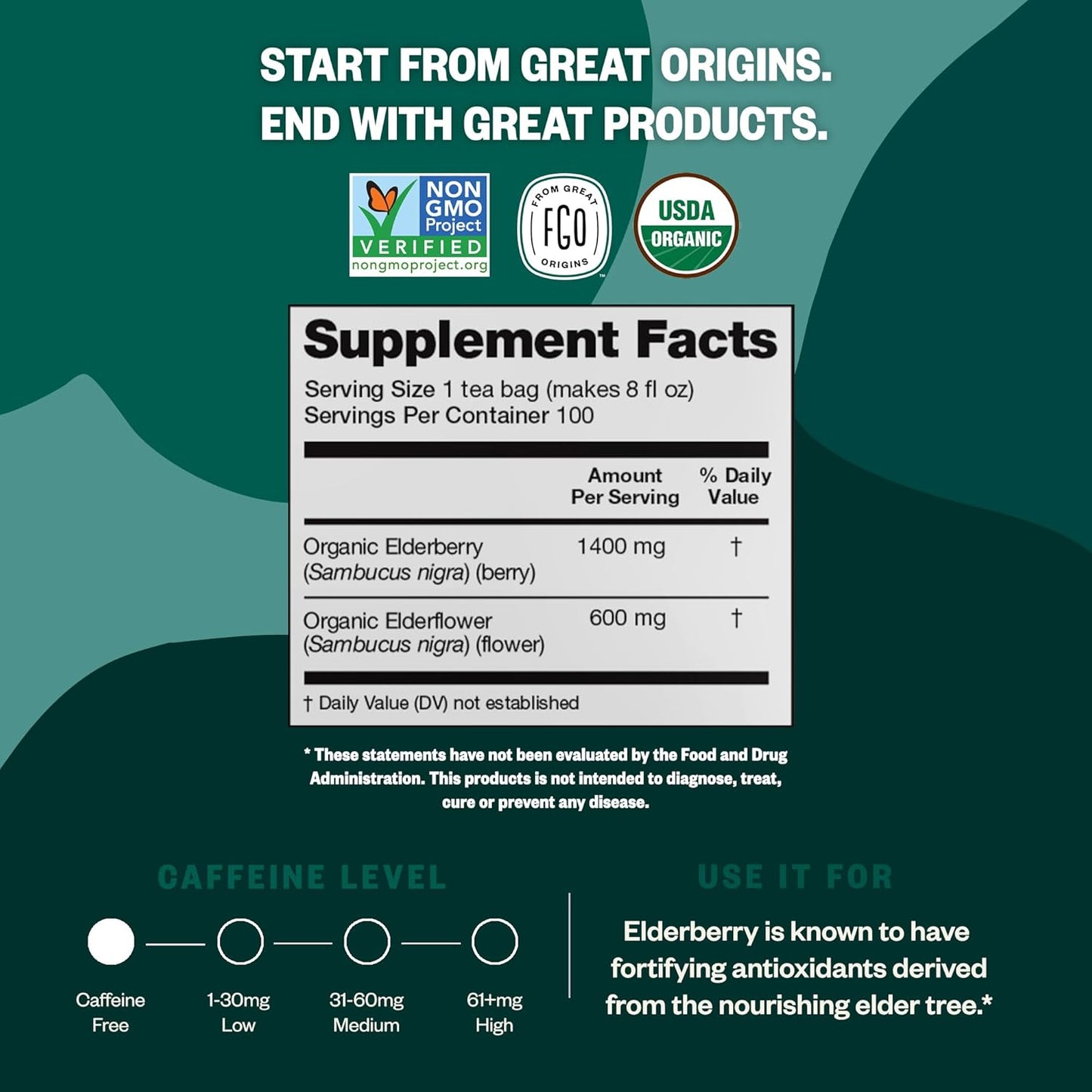 FGO Organic Elderberry Tea, 100 Count, Eco-Conscious Herbal Tea Bags, Resealabel Bag, Caffeine Free, Packaging May Vary (Pack of 1)