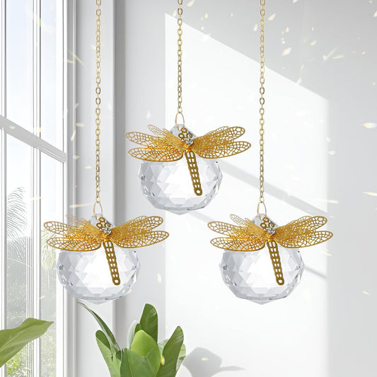 Crystal Suncatchers Gold Dragonfly 40mm Crystal Prisms Ball Rainbow Maker with Chain for Window Hanging Decoratioin 3 Pack