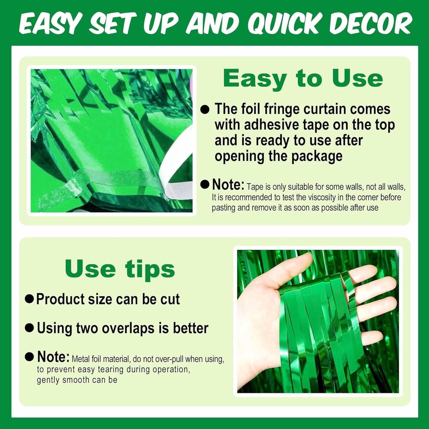 3 Pack Green Foil Fringe Curtains Backdrop, 3.28 x 9.8 Ft Metallic Streamers Tinsel Curtains Background for Photo Booth, Birthday, Halloween, Christmas, Thanksgiving, New Year Party Decorations