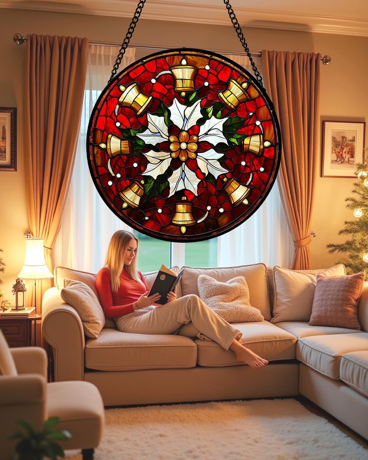 Stained Glass Window Hanging - Golden Bells Flowers Suncatcher for Doors Home Christmas Decoration Winter Sun Catcher Thanksgiving New Year Birthday Gift for Friend Women Men Mom Nana 9.8 in