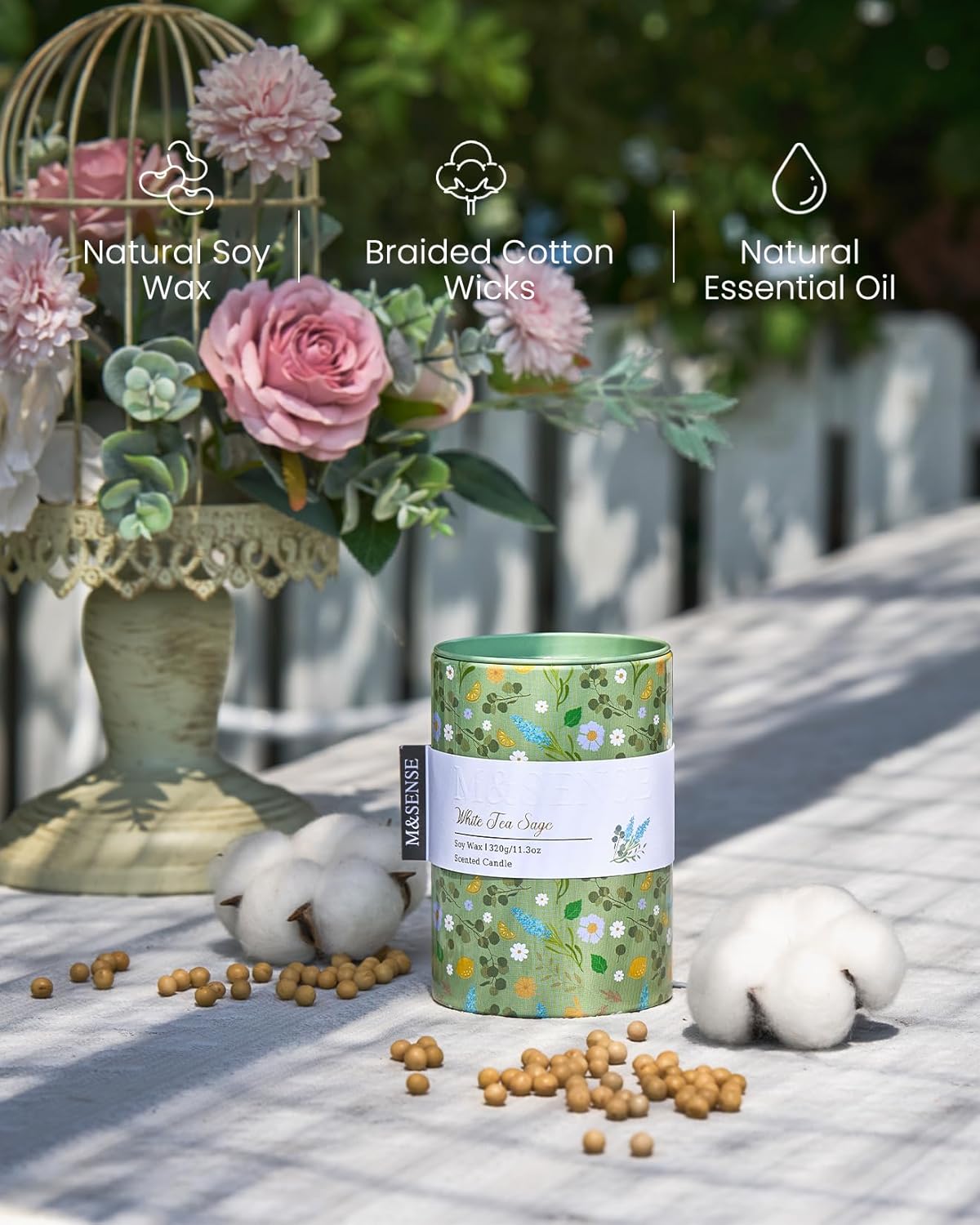 M&SENSE White Tea Sage Scented Candle, Medium Jar Candle 11.3oz Natural Soy Wax for Home Scented, Floral Candles Gift for Spring Holiday, Up to 70 Hours Burning Long-Lasting Fragrance