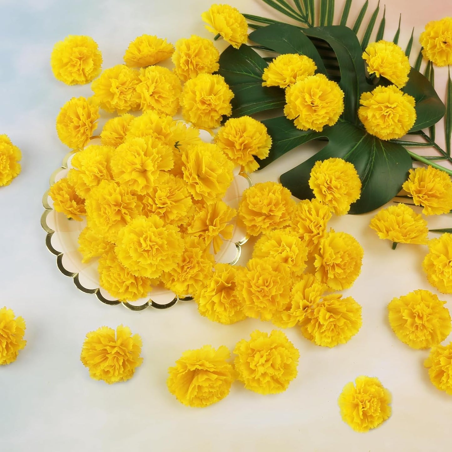 30 Pcs Artificial Marigold Flowers,3.54" Silk Marigold Flower Heads with Stems,Yellow Flowers Artificial for Diwali Decor,Indian Wedding,Home,DIY Wreath Garland,Day of The Dead Decorations