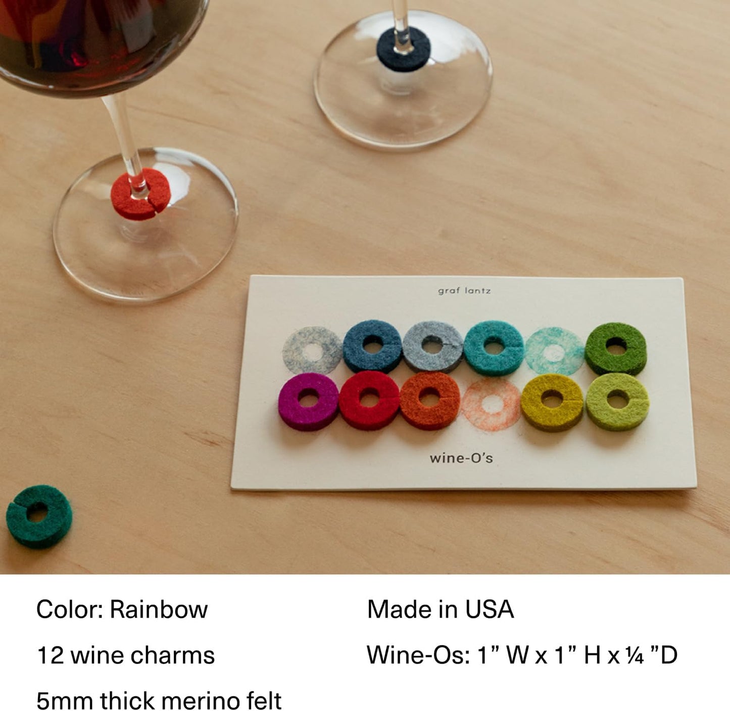 Graf Lantz - Wine-O's Merino Wool Wine Glass Charms (Rainbow) 12 Count - Drink Markers with Note Card - Reusable - 12 Colors - Boho Style - Home Decor, Party Favors & Vacation Essentials - 5mm Felt