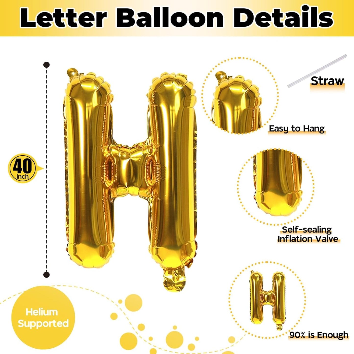 Giant H Alphabet Balloon Letters, Gold Self Inflating Custom Letter Balloons Birthday Decor, 40 Inch Helium Mylar Foil Name Word Balloons for Girls Men Anniversary Party Graduation Decoration Supplies