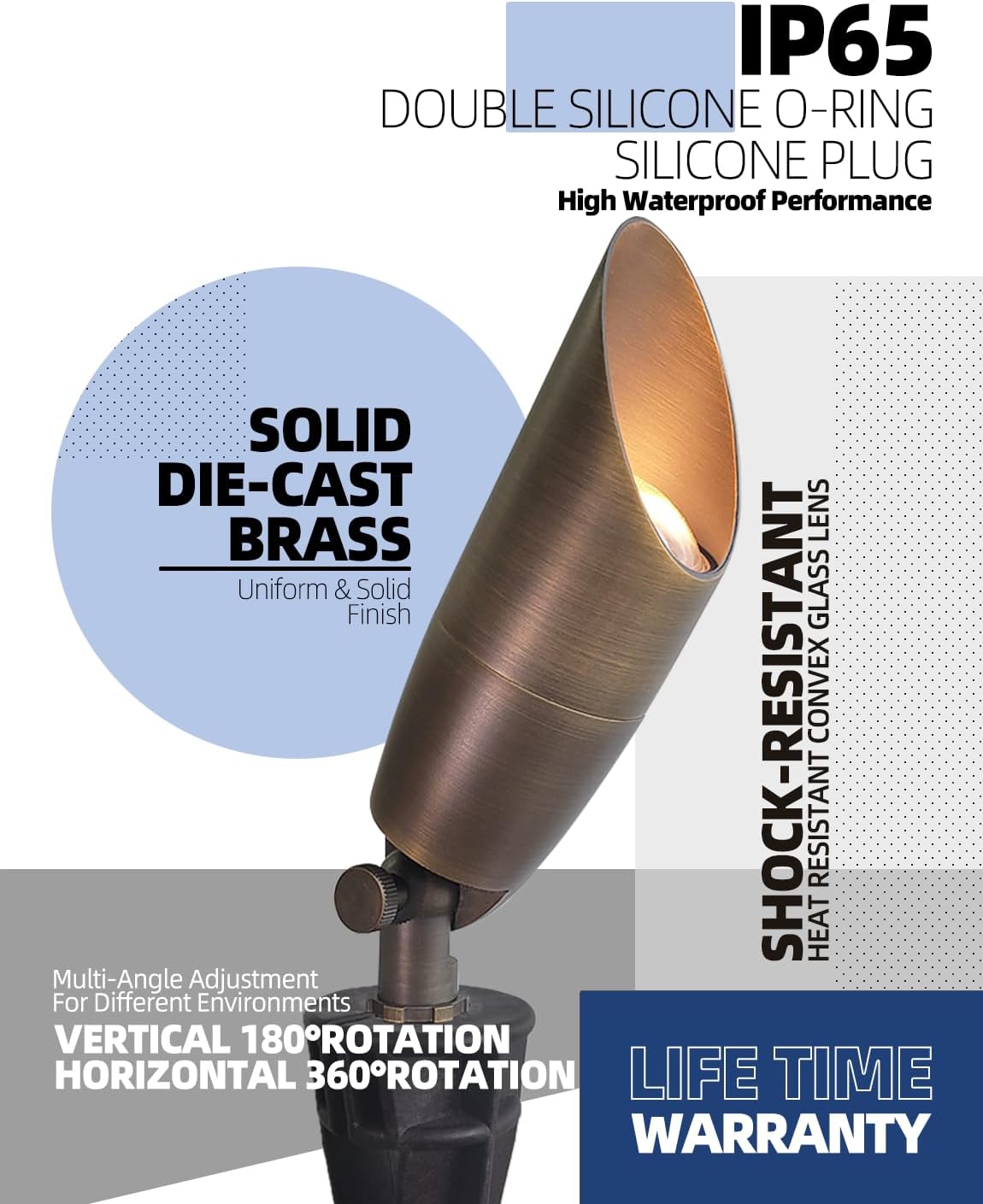 MALORY Solid Brass Landscape Spotlight 1-Pack with Bulb(S06), Low Voltage Front and Backyard Landscape Lighting with Large Rugged Slot Spike & Wire Connector,12V AC/DC Garden Patio Spot Up Light