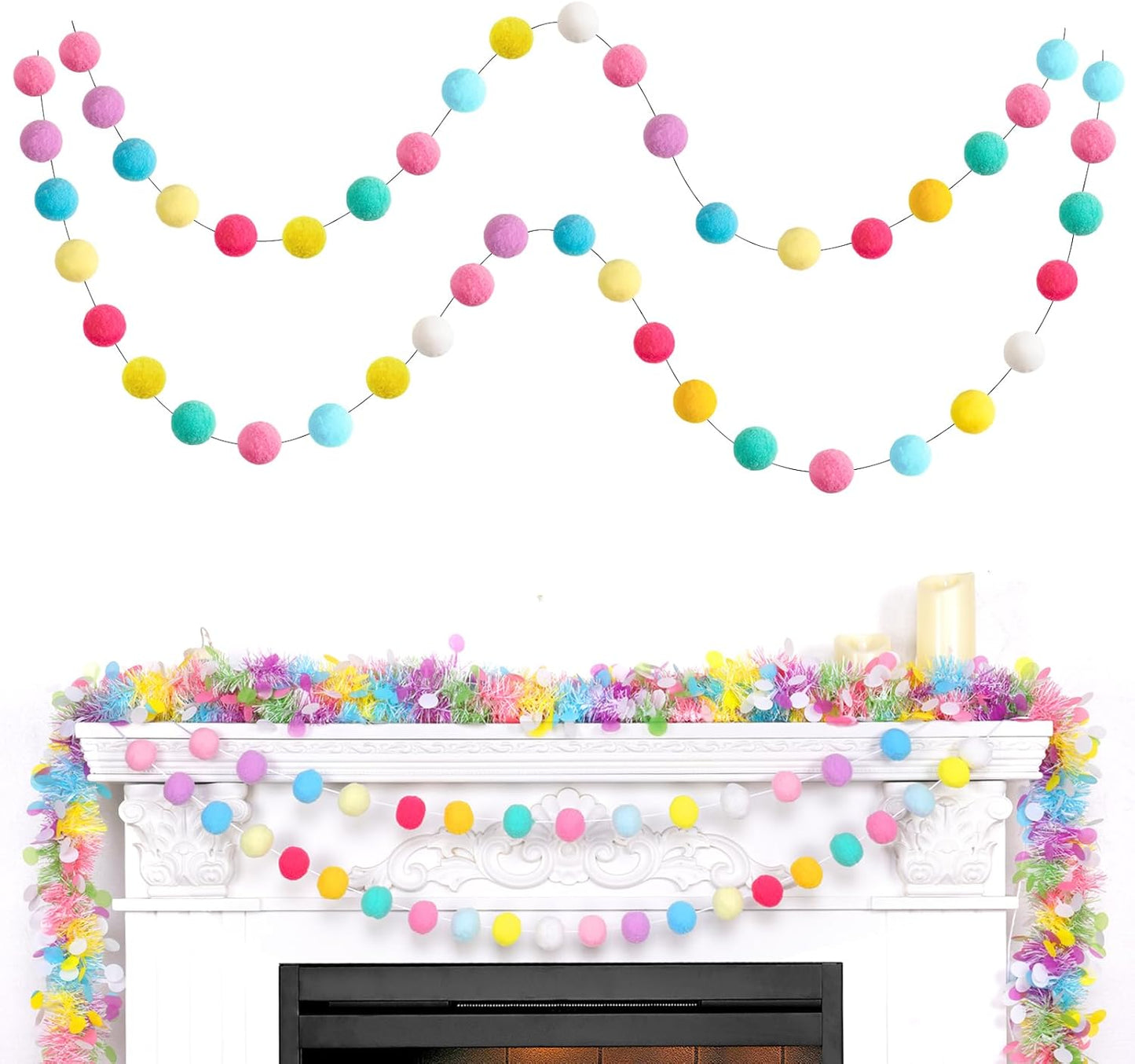 TBD Decor 2pk Pom Pom Garland Easter Decorations 13FT Colorful Large Felt Ball Spring Garland Easter Tree Decorations for Mantle,Indoor Holiday Wedding Birthday Party Supplies