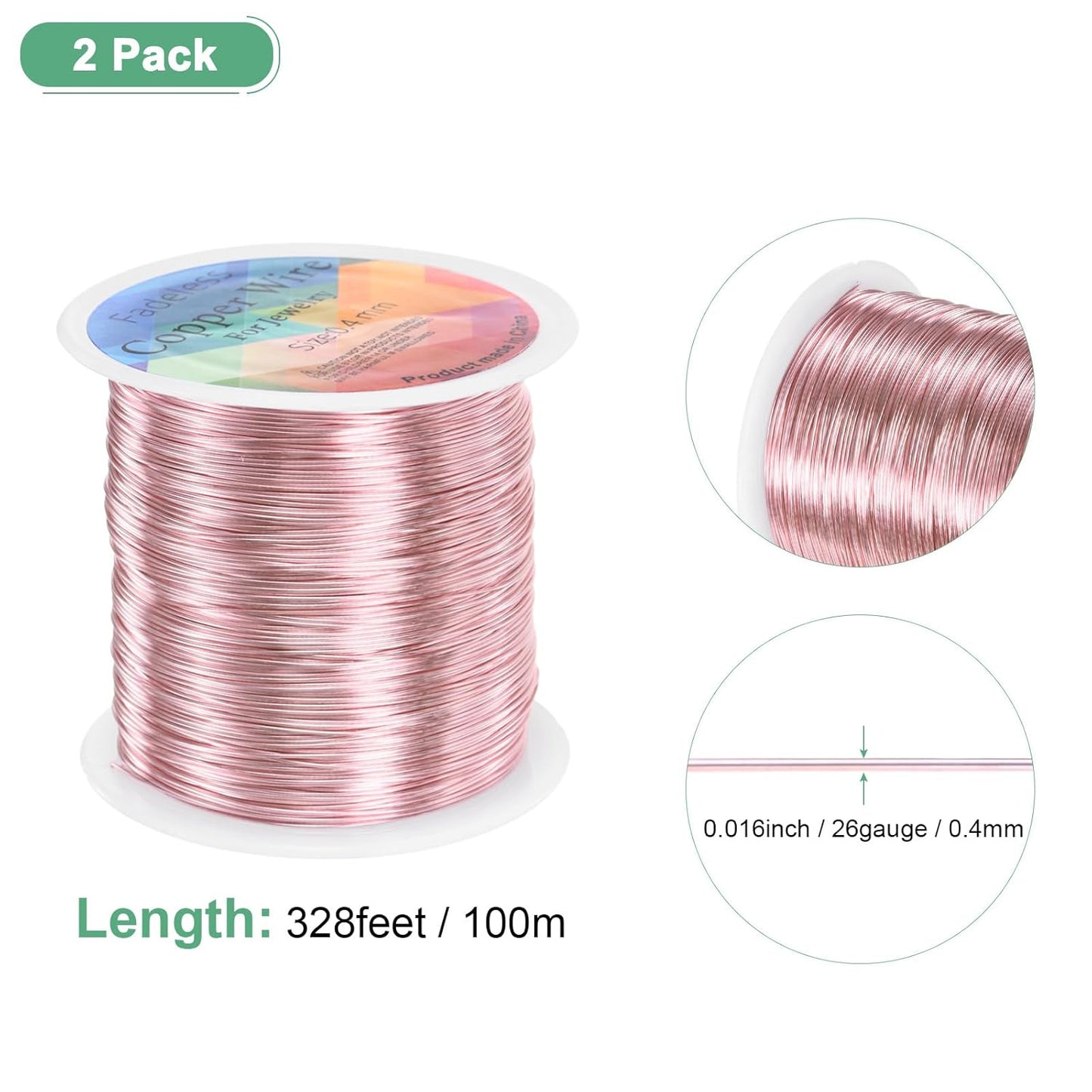 2-Rolls 0.4mm Jewelry Wire, 26 Gauge 328FT Craft Wire Copper Beading Wire for Jewelry Making/Planting/Weaving/DIY Crafting, Soft Metal Wires [100M, Rose Golden]