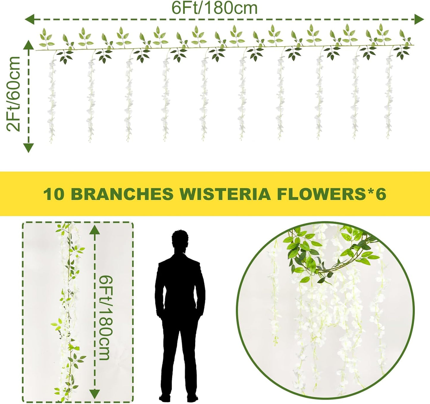 Wisteria Artificial Flowers Garland，6Pcs Total 36ft Silk Fake White Wisteria Flowers Hanging for Home Garden Wedding Arch Party Indoor Outdoor Decor
