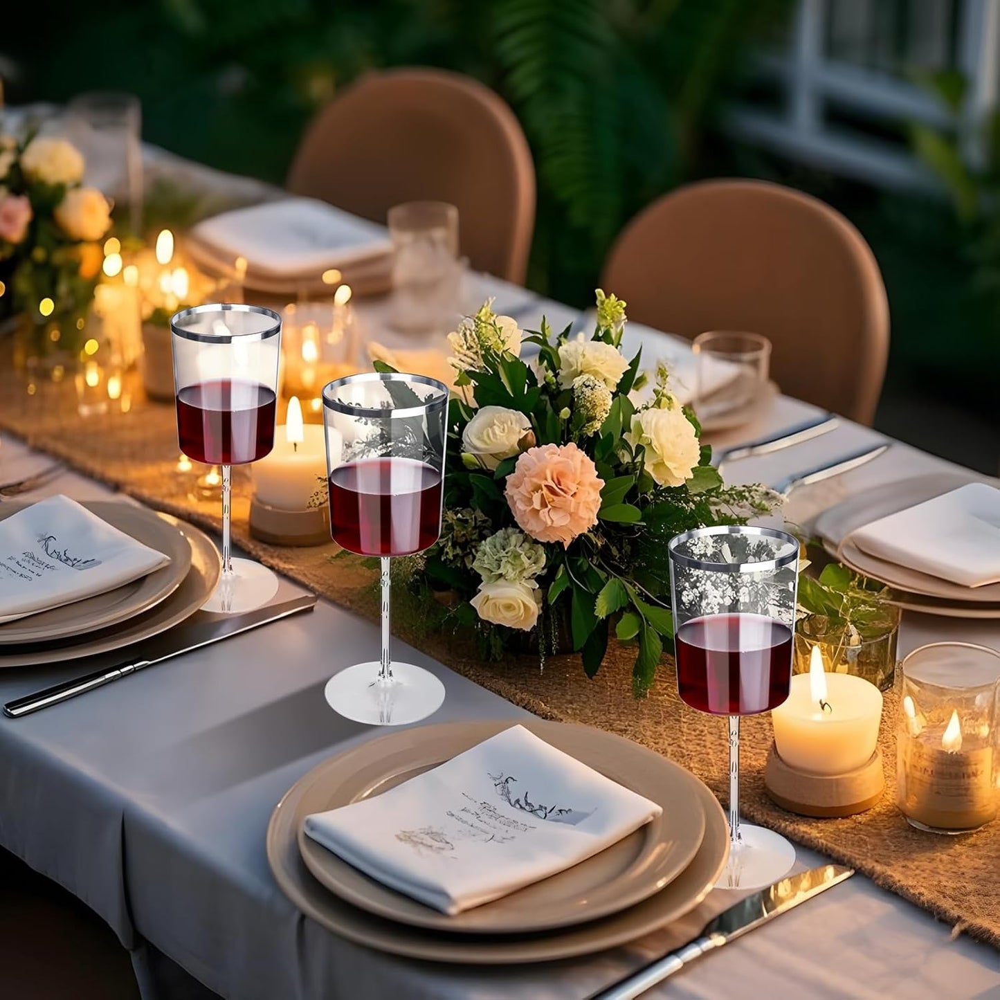 Ciaell 12 Pack Plastic Wine Glasses - 10 Oz Plastic Wine Glasses with Stem - Square Silver Disposable Stemmed Glass for Parties & Weddings & Outdoors