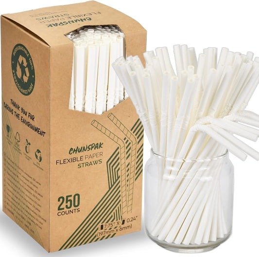 Bendable Paper Straws for Drinking, White, 7 3/4 inches, 250 Count - Great for Kids, Elderly, Home and Restaurant
