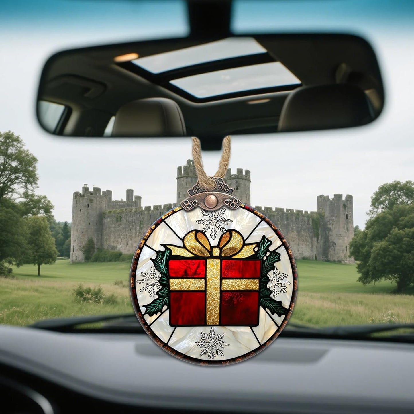 Stained Glass Christmas Decorations, Gold Ribbon Suncatcher for Window Christmas Tree Hanging Ornaments Retro White Snowflake Sun Catcher Xmas Decor Gifts for Women Men Mom Nana Friend