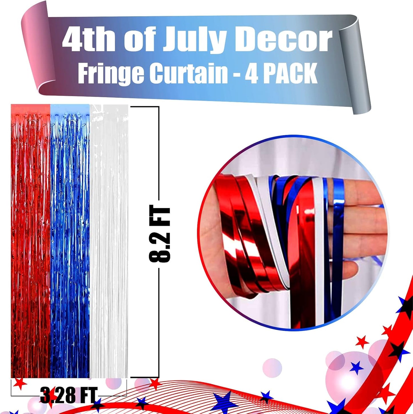 4 Pack Red Blue White Foil Fringe Curtain Backdrop, 3.28Ft x 8.2Ft Metallic Tinsel Foil Fringe Streamers Curtains for Photo Booth, Wedding, Mardi Gras, Birthday, Independence Day Party Decoration