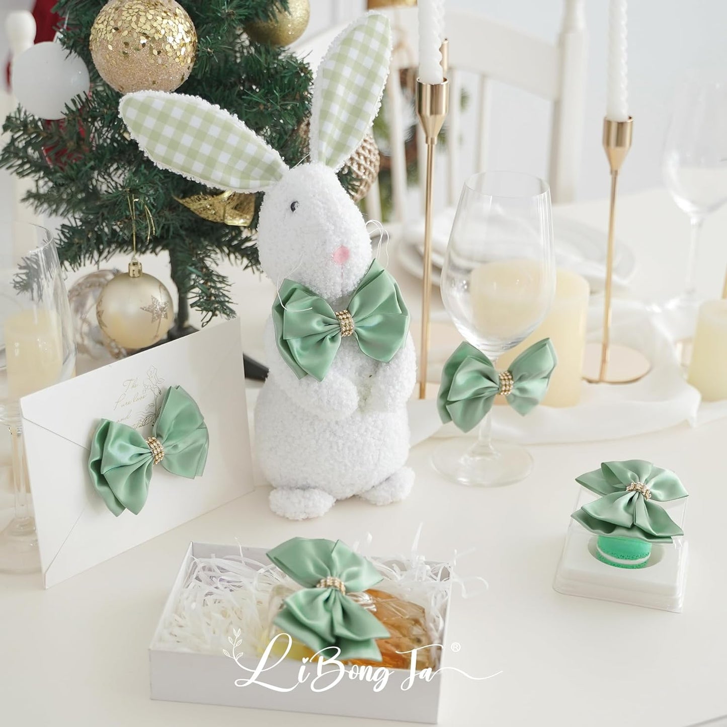 Moss Green Ribbon Bows 4'' Premade Satin Bow, Gift Bows with Rhinestone, Wrapping Bows for Presents, Greeting Cards, Treat Bags, Wine Bottles, Valentines Bows for Gift Wrapping-12 Counts