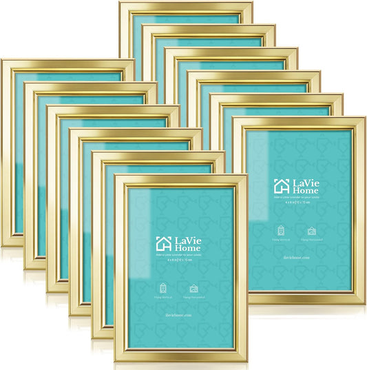 LaVie Home 4x6 Picture Frames (12 Pack, Gold) Simple Designed Photo Frame with High Definition Glass for Wall Mount & Table Top Display, Set of 12 Classic Collection