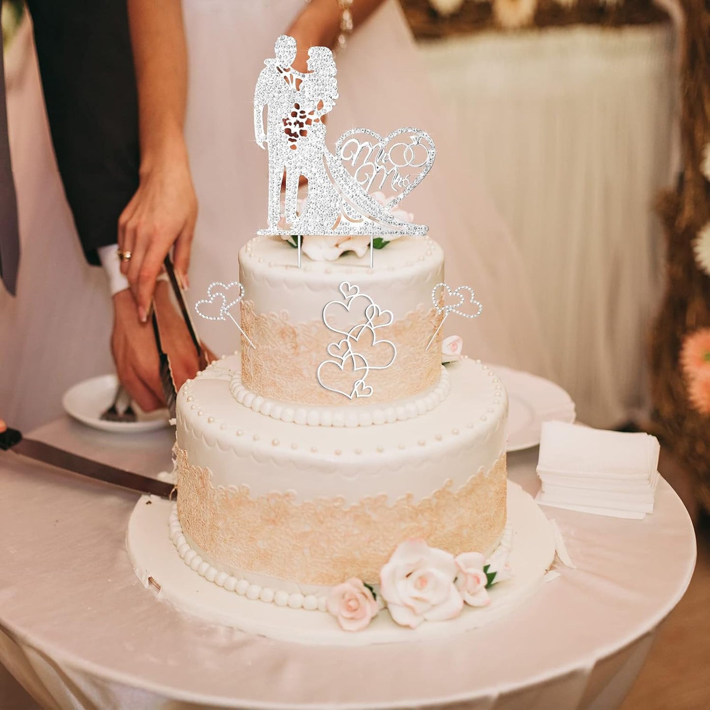 Spiareal 4 Pcs Wedding Cake Topper Mr and Mrs Rhinestone Bride and Groom Love Cake Topper Metal Crystal Heart Shaped Happy Engagement Anniversary Funny Diamond Party Decor for Bridal Shower(Silver)