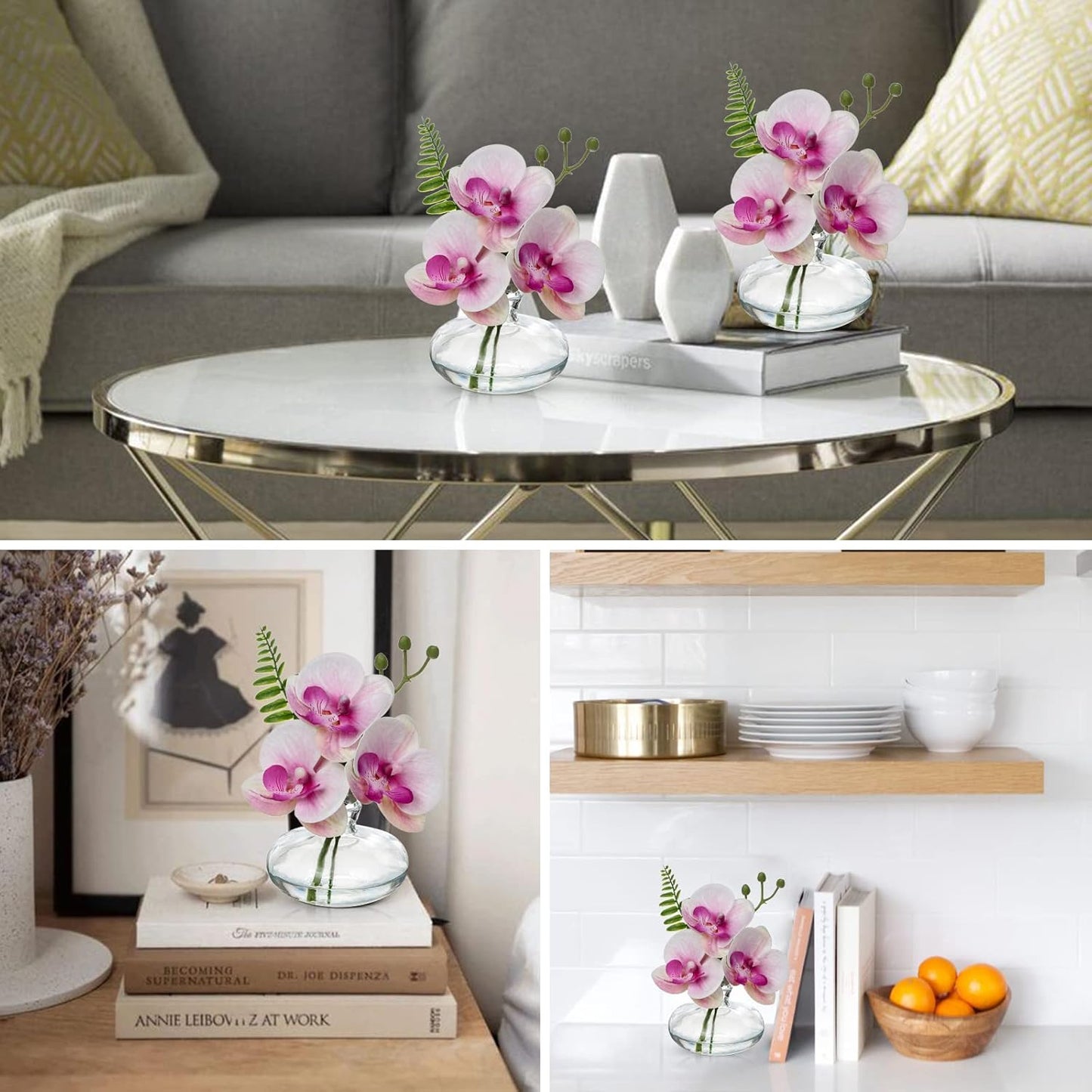 Pink Orchids Artificial Flowers Faux Orchids Arrangement in Clear Glass Vases Set of 3 Real Touch Phalaenopsis Orchid Flowers Small Fake Orchid Centerpiece for Dining Room Table