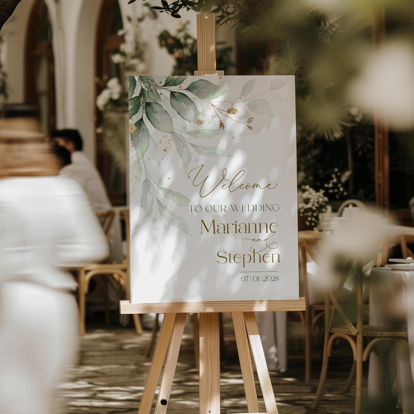 Personalized Wedding Welcome Sign, Greenery Eucalyptus Sage Gold Wedding Sign Signage 12" X 18" (Small), 27" (Medium), 36" (Large), Plastic, Modern, Pole Mount, Weather