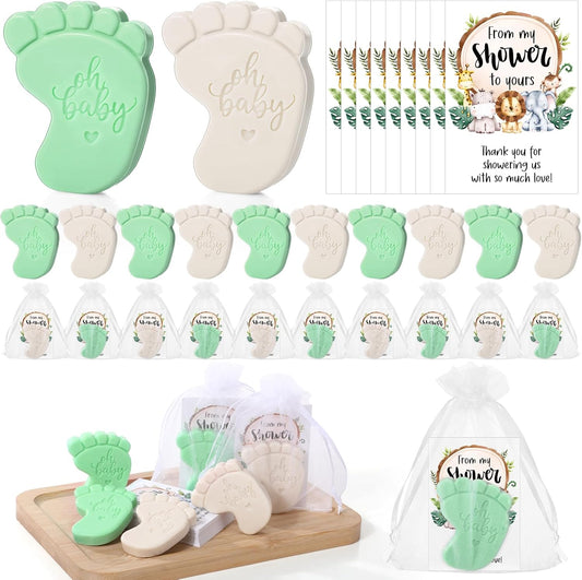 50 Sets Baby Shower Soap Favors for Guests - Mini Handmade Footprint Scented Soap with Thank You Cards and Organza Bag, Party Gifts for Gender Reveal Baptism Shower(Gray and Light Green)