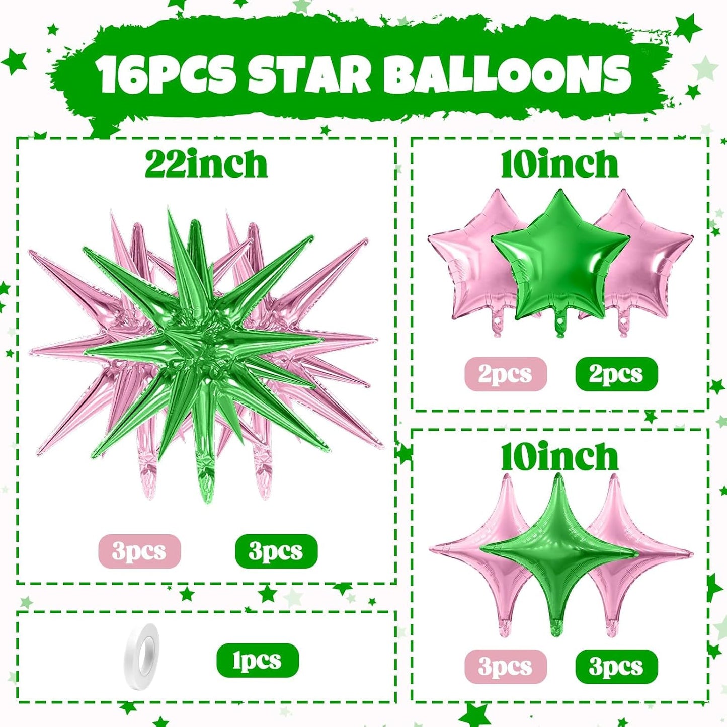 Pink Green Star Balloon,16Pcs Star Foil Balloons Set with 22Inch Explosion Spike Cone Balloons and 10Inch Quadrangle Helium Balloon for Birthday Wedding Baby Shower Party Decorations