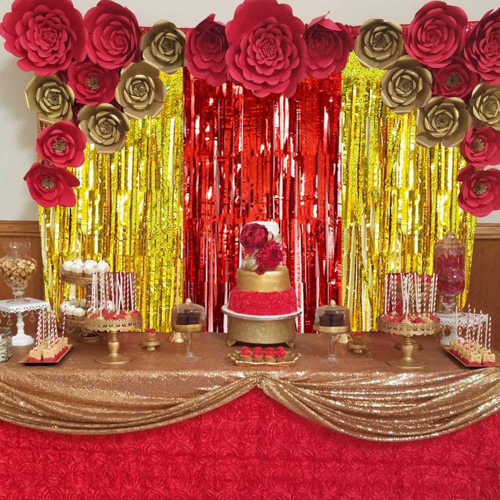BEISHIDA 4 Pcs Red and Gold Party Streamers Fringe Foil Curtain Backdrop Tinsel Background Party Decoration for Door Wall Graduation Birthday Wedding Anniversary Christmas Party Decoration