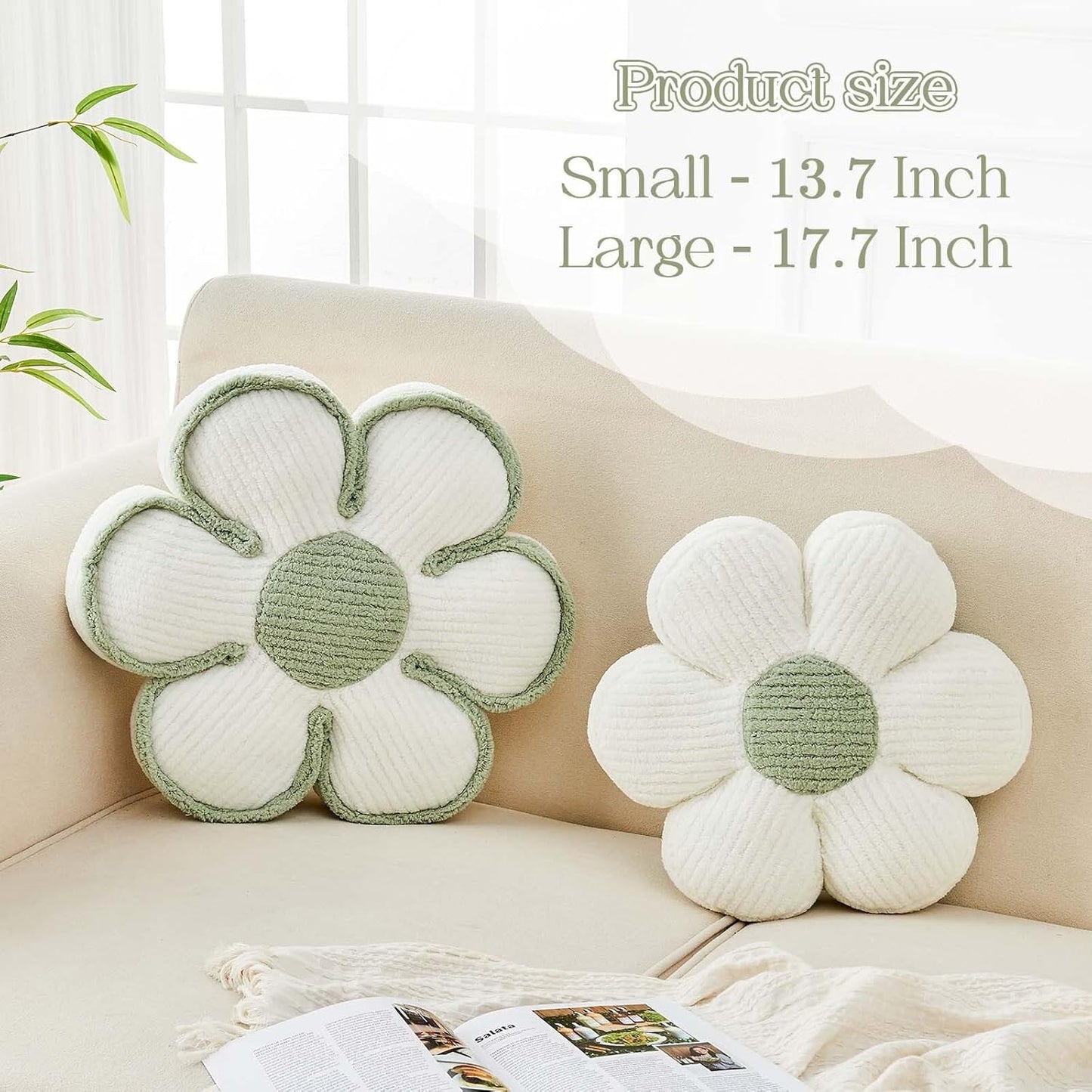 Flower Pillow, Soft Flower Decorative Throw Pillow, Cute Daisy Flower Shaped Seating Floor Cushion Room Décor Plush Pillows for Sofa Couch Bed (17.7 Inch, White)