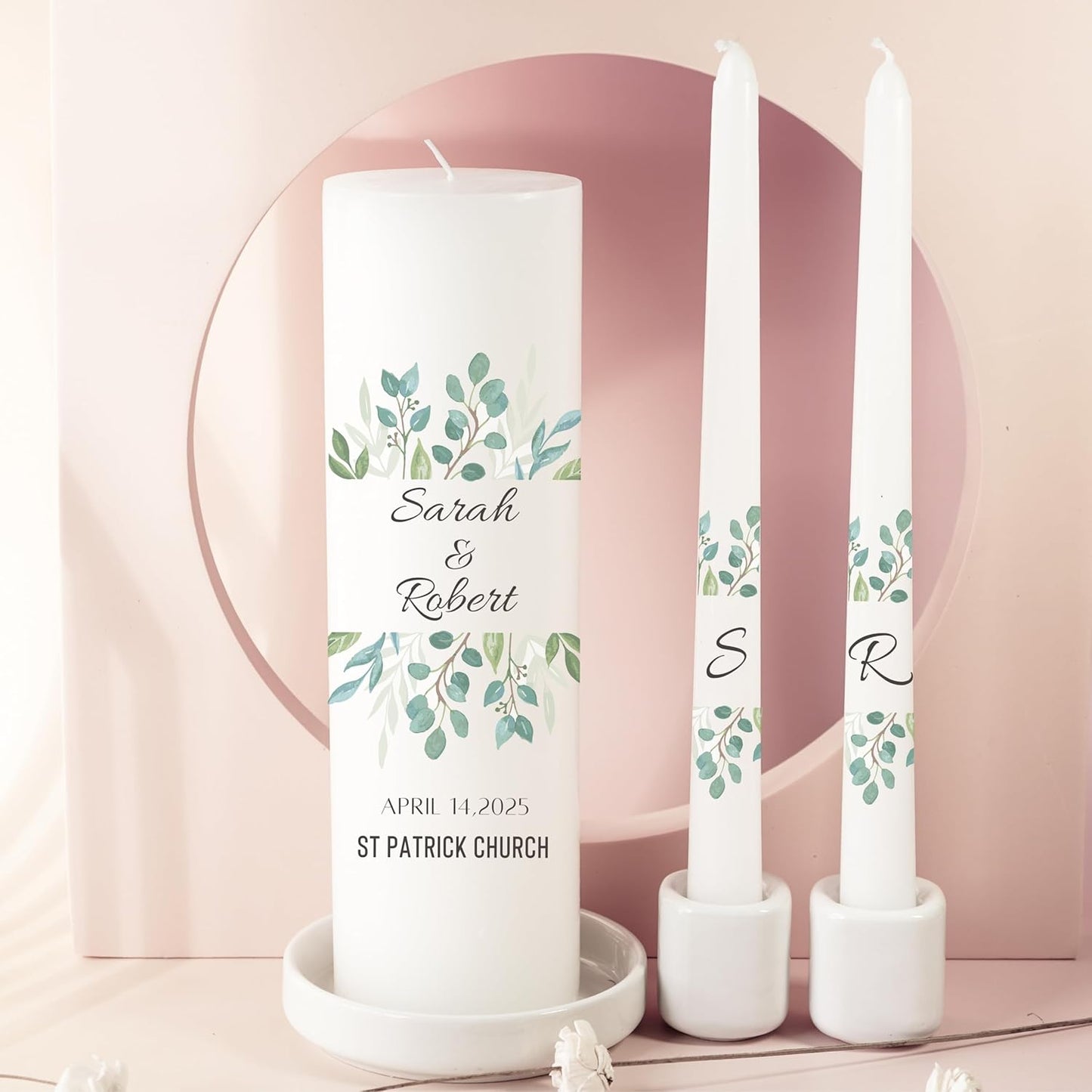 Unity Candles for Wedding, Modern Unity Set, Custom and Personalized Pillar and Taper Candles, Unscented White Premium Wax, Religious and Wedding Ceremony, Special Events (Olive)