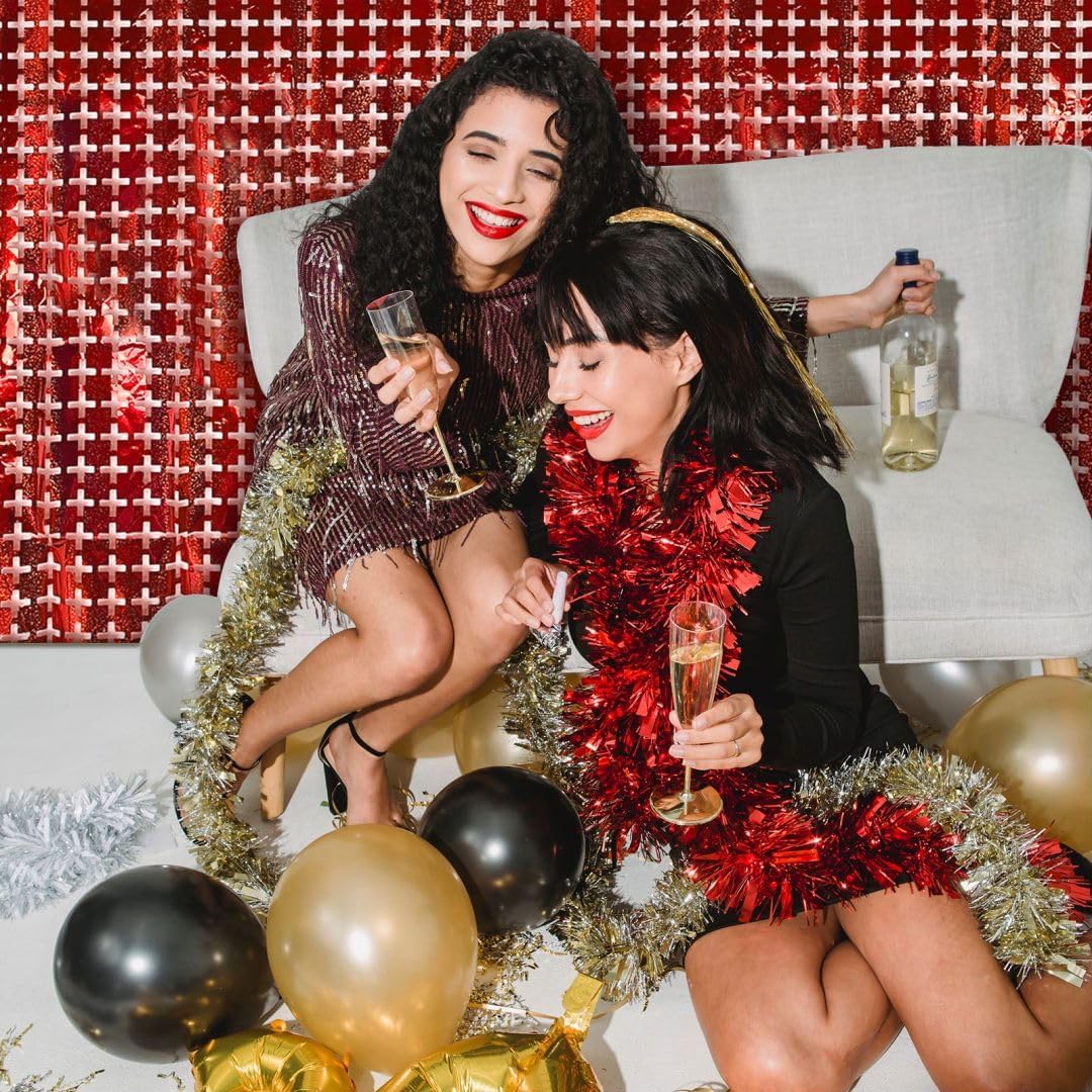 Red Square Tinsel Curtain Party Backdrop - 10pcs Glitter Foil Fringe Curtain Wall Decor Red Streamers Party Decorations for 4th of July, Valentines Day, Christmas, Birthday, Graduation, Wedding