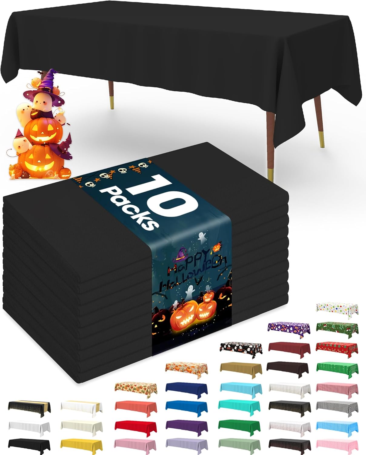 Pureegg Plastic Table Cloth Disposable 10 Pack, 54 x 72 Inch Table Cloths, Halloween Party Decorations, Summerween Decor, Halloween Tablecloths, Rectangle, Plastic Cover, Leakproof & Sturdy, Black