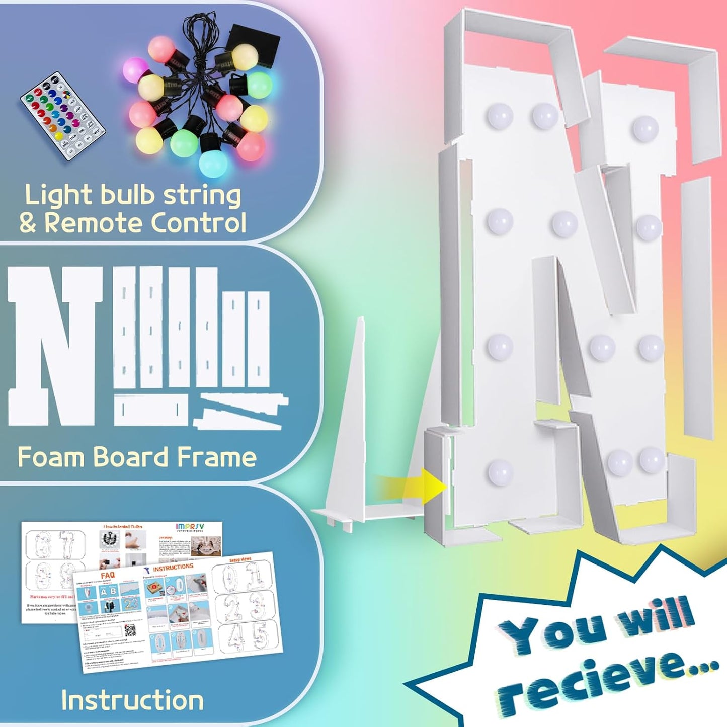 imprsv 4FT Colorful Marquee Light Up Letters N, 18 Colors Large Light up Letters Alphabet Sign with Remote, Large Marry Me Sign, Birthday Party Decorations Baby Shower Anniversary Wedding Decoration