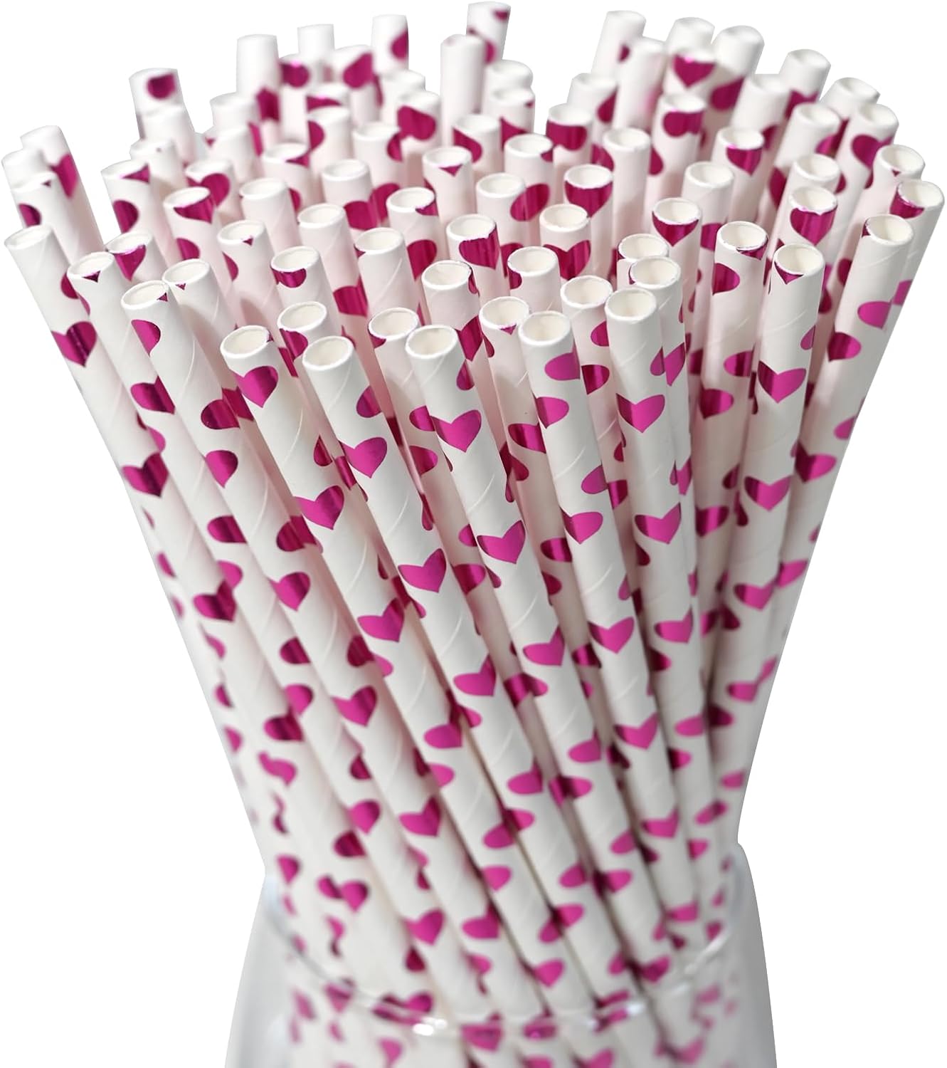Paper Straws, Disposable Drinking Straws Biodegradable 7.75 inch,for Wedding Birthday Decorative Holiday Party Supplies - 100 Count, Foil Rose Pink Heart
