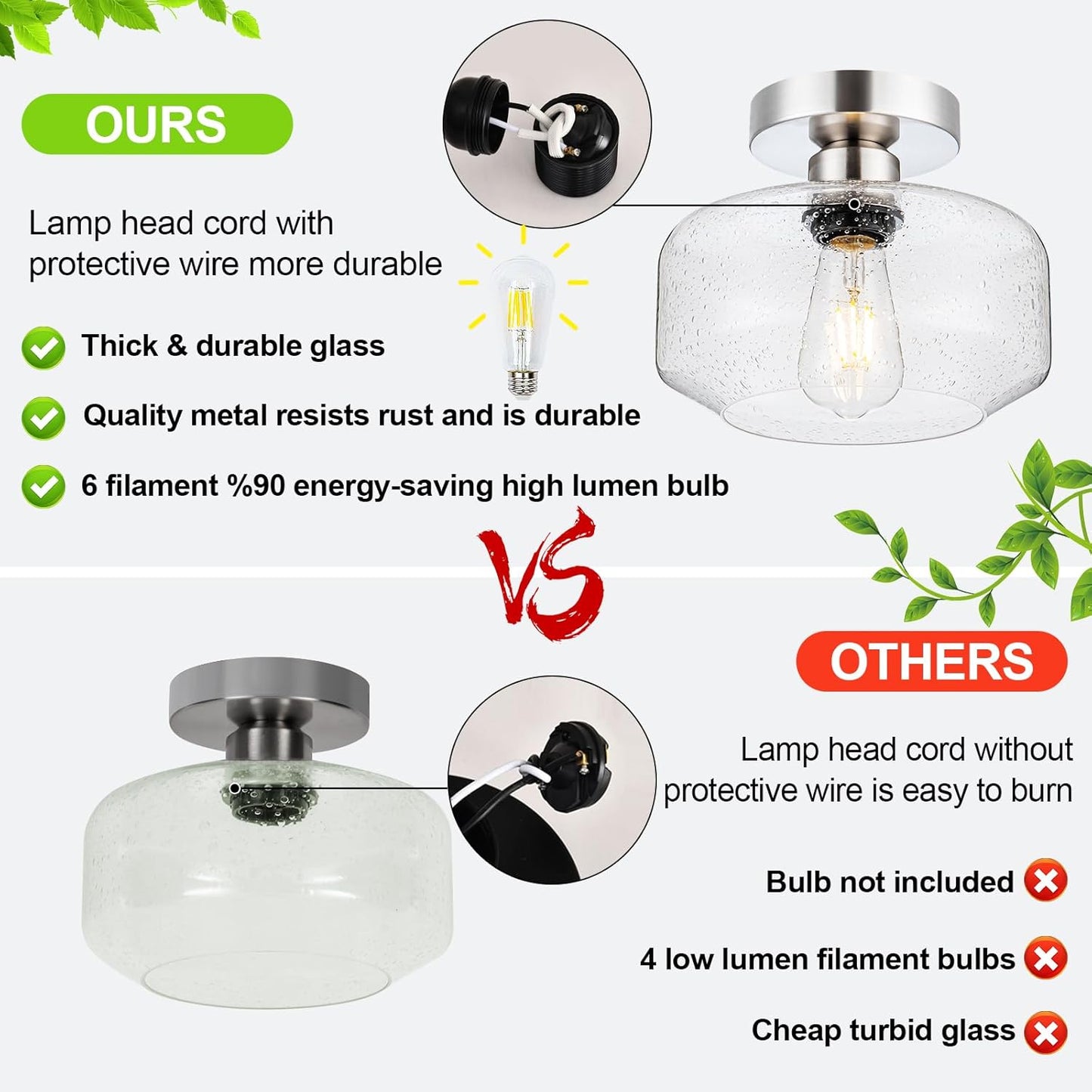 Semi Flush Mount Ceiling Light, Vintage Style - Clear Seeded Glass & Brushed Nickel with 900 Lumens LED Bulb Included, Suitable for Kitchen, Bathroom, Hallway, Bedroom, Entryway