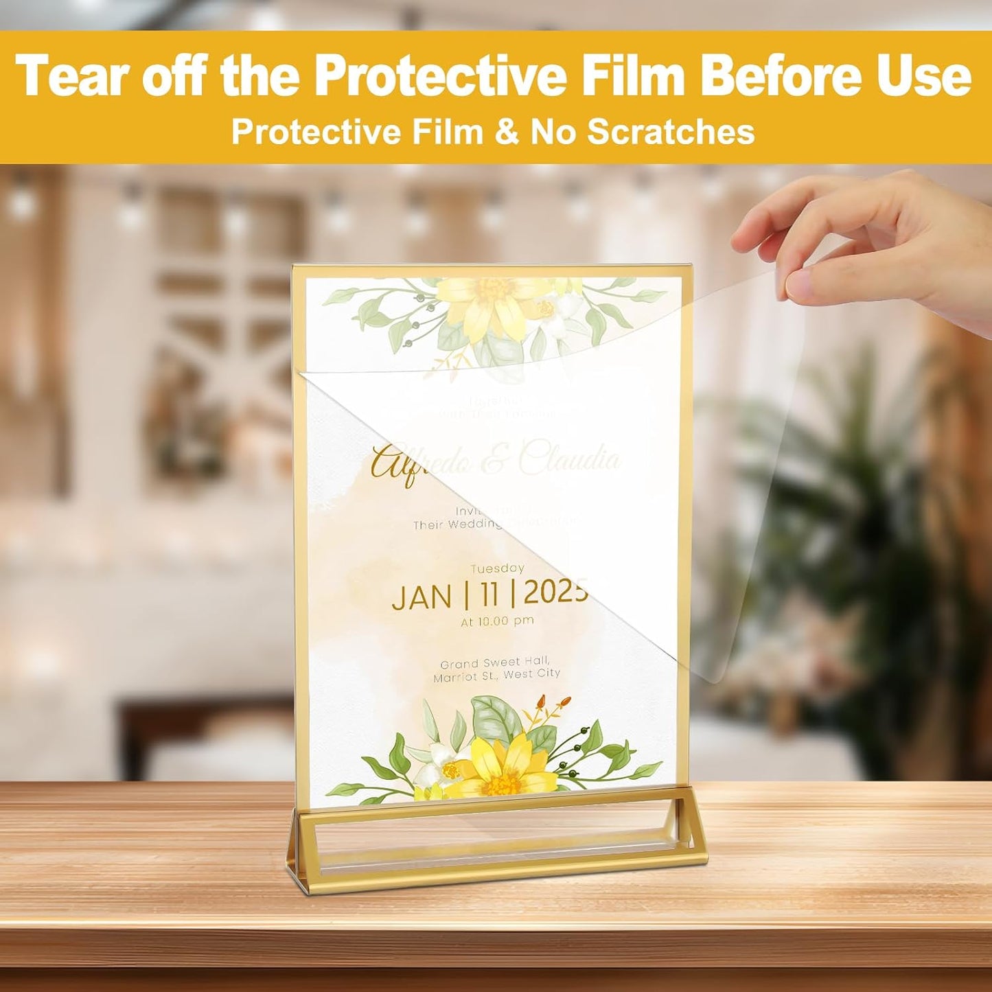 EHWINE 8 Pack Acrylic Sign Holder 8.5 x 11, Double Sided Gold Picture Frame Stand up Table Top Sign Holders, Clear Display Stand Menu Flyer Holder for Wedding Party (Provide Non-slip Mats)