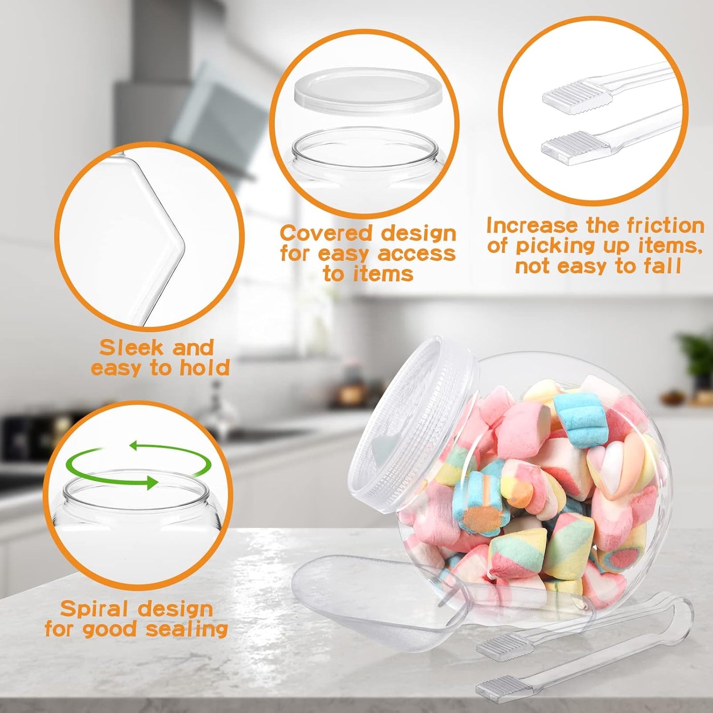 Sunnyray 6 Sets 51 oz Plastic Candy Jars for Candy Buffet with Lids Clear Bar Jars with Scoops and Tongs Kitchen Office Party Cookie Storage Containers for Dry Food Snacks Candies Cookies Coffee Pods