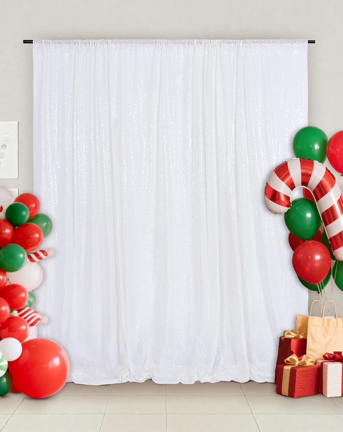 Eternal Beauty White Sequin Backdrop, 8x10 Ft Glitter Background Curtains for Christmas Shimmer Photography Party Wedding Birthday Back Drop Decor