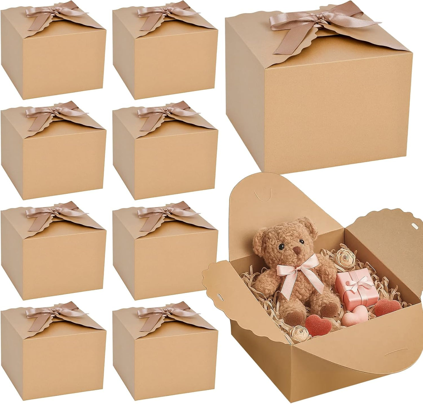 VGOODALL 10PCS Gift Boxes, 4.7" x 4.7" x 3.5" Brown Candy Boxes with Ribbon Mini Kraft Paper Party Favors for Candy Cookie Chocolate Gifts,Party Supplies