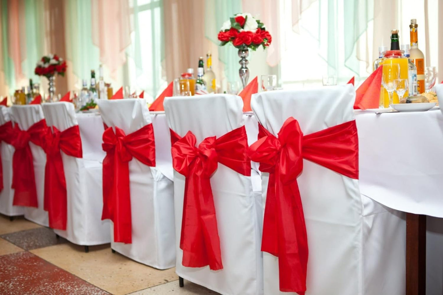 50 PCS Satin Chair Sashes Bows Decorative Universal Chair Cover Chair Ribbon Bows Ties Back Sash for Wedding Party Ceremony Reception Hotel Event Banquet Restaurant Home Kitchen Decor(7 x108inch,Red)