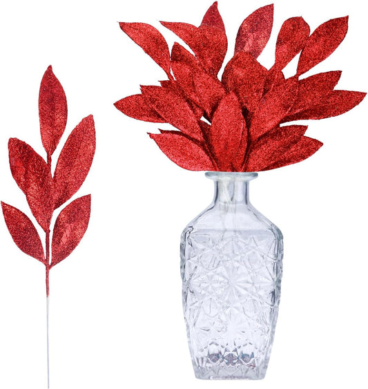 GREENTIME 12 Pack Artificial Red Glitter Leaves 13" Fake Christmas Picks Decorative Glitter Sticks for Vase Christmas Tree DIY Wreath Crafts Fireplace Decor