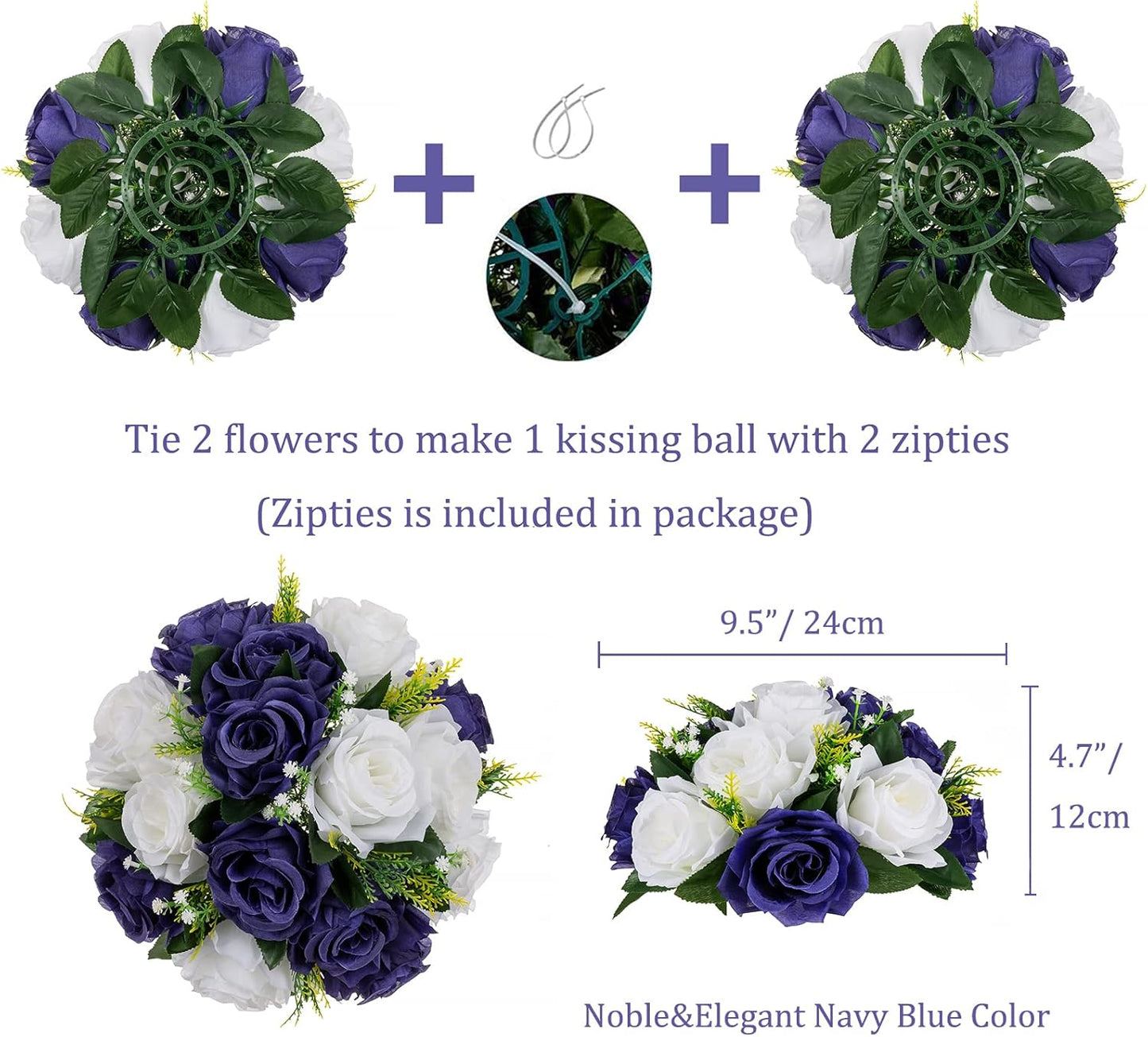 BLOSMON Navy Blue Flowers for Centerpieces: 10 Pcs Artificial Roses Flower Balls for Wedding Table - Fake Silk Kissing Bouquet Floral Arrangement for Home Party Event Decoration