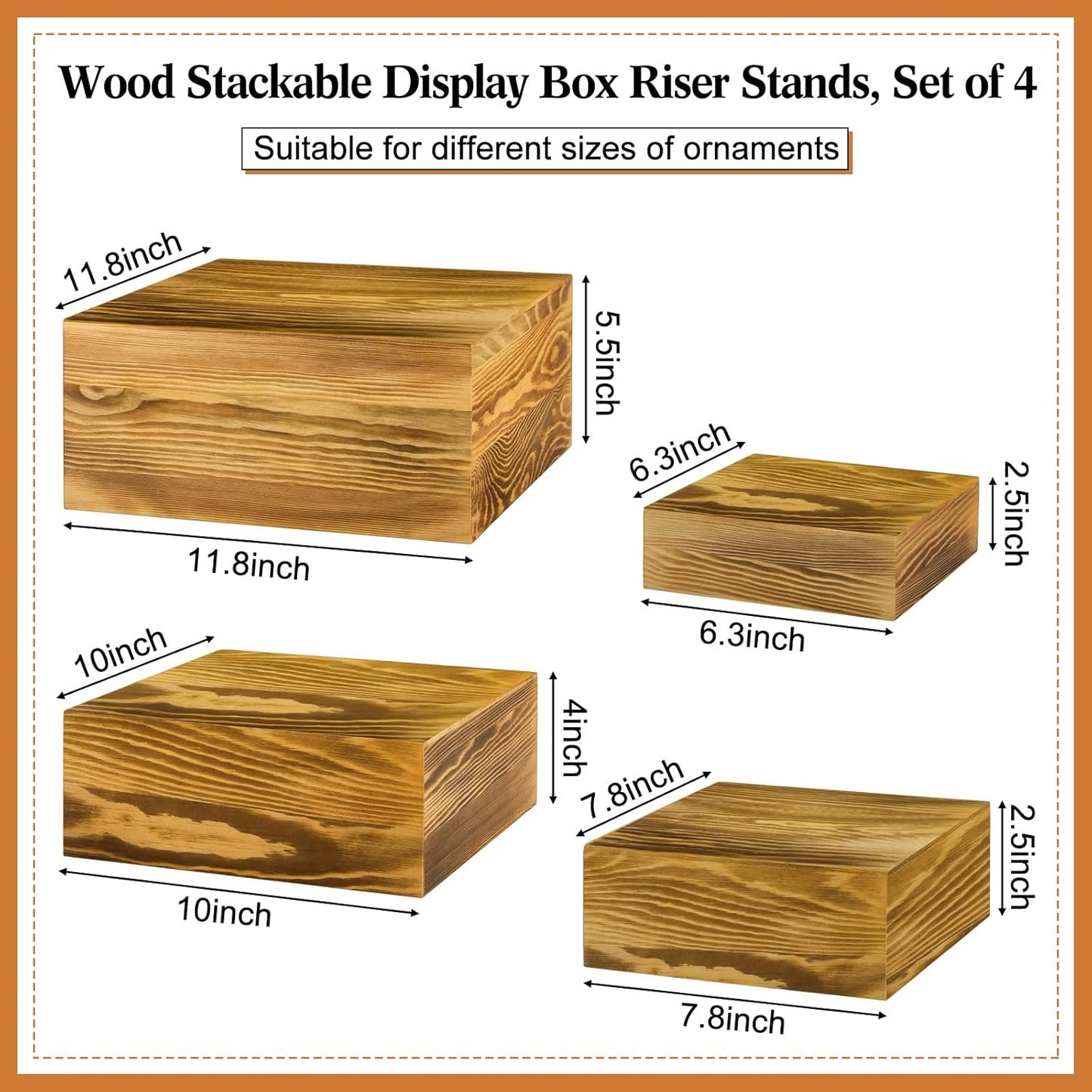 Roowest Set of 4 Wood Display Risers Rustic Cupcake Stand Rustic Wood Cake Stands Wooden Stackable Display Box for Dessert Wedding Birthday Christmas Village Party Decoration(Rustic Brown)