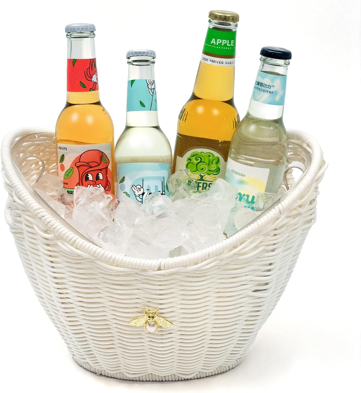 Lexenic Ice Bucket with Handle Hole, Woven and Acrylic Double Layer Basket Design, 4L Champagne Wine Ice Bucket for Cocktail Bar, Parties- Anti Frozen Hands Anti Water Leakage (Plastic-White)