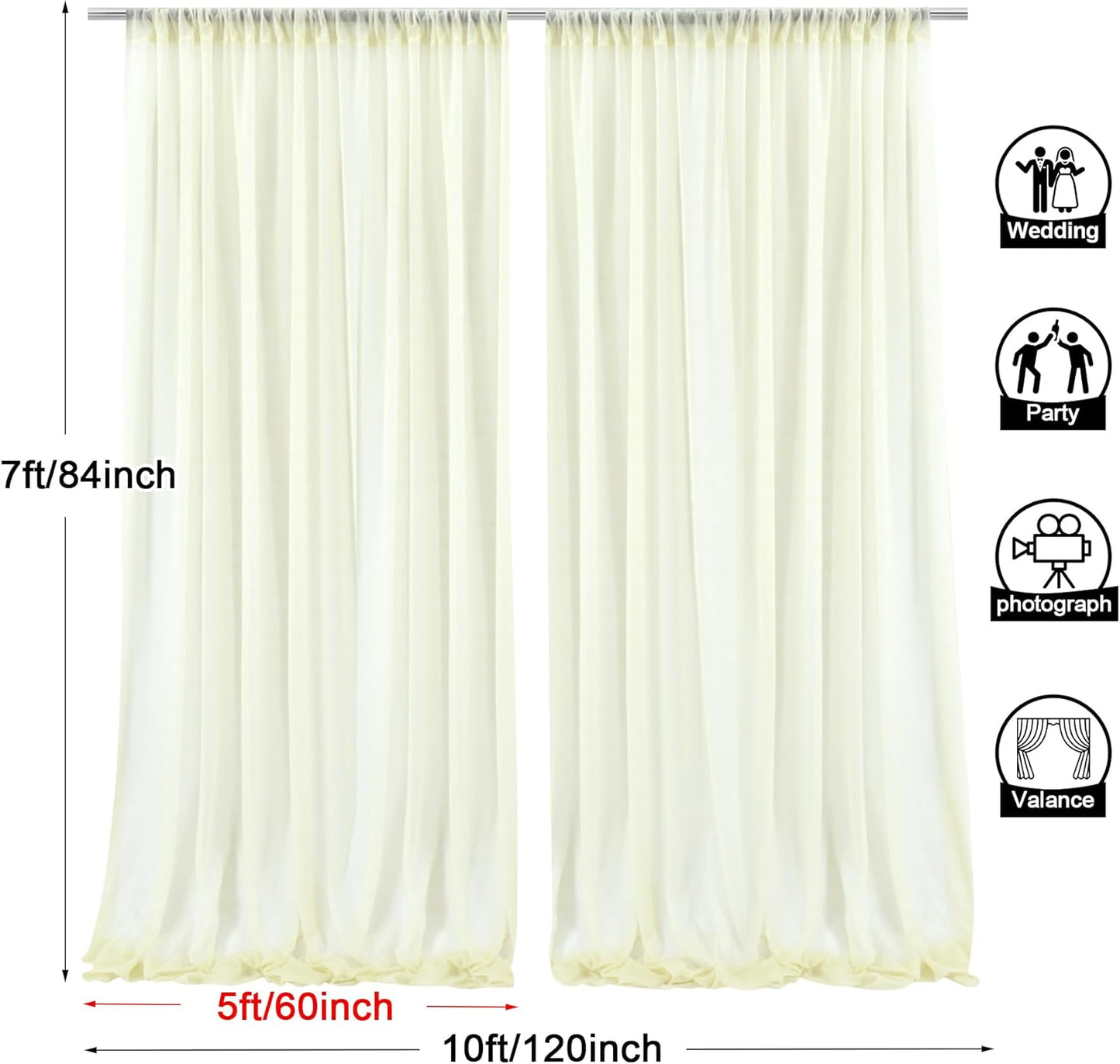 PARTISKY 10ftx7ft Ivory Chiffon Backdrop Curtains, Wrinkle-Free Sheer Fabric Photo Drapes for Wedding Ceremony Arch Birthday Baby Shower Photography Stage Decor 5ft x 7ft, 2 Panel