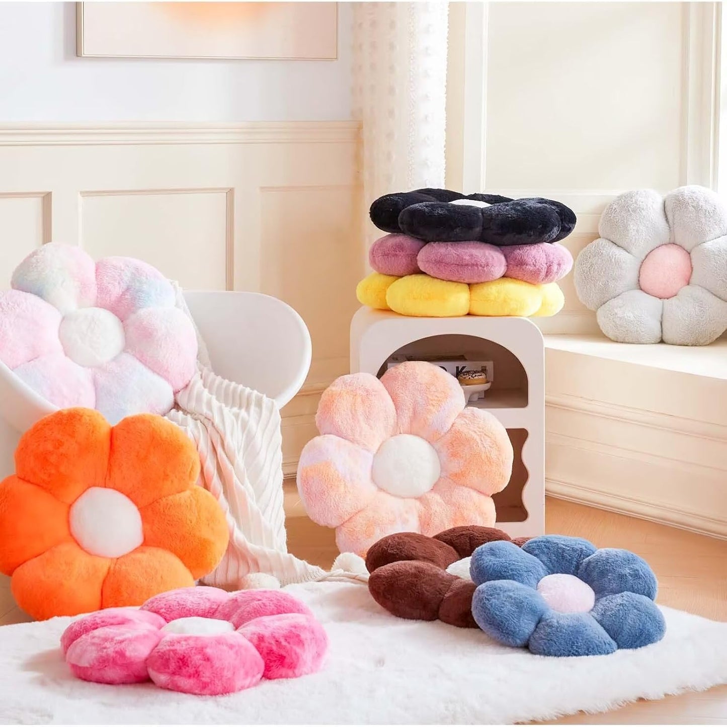 Black Flower Plush Throw Pillow, Cute Decorative Flower Shaped with Faux Rabbit Fur, 19.6" Soft Plush Floor Pillow for Bedroom Living Room