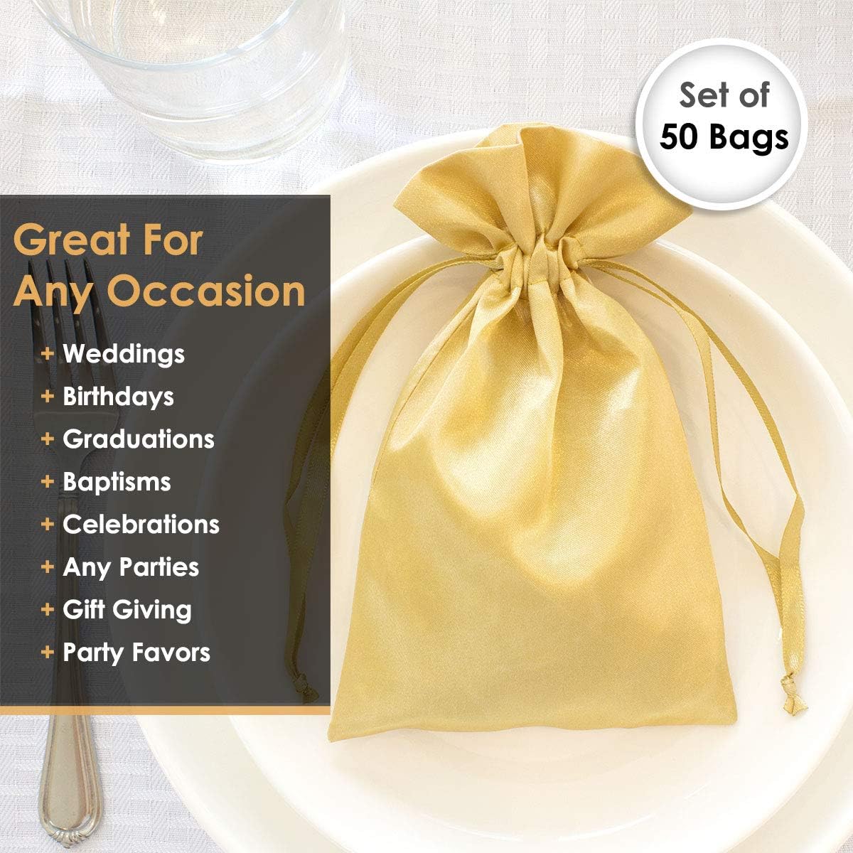 3" x 4" Gold Satin Gift Bags, Jewelry Bags, Wedding Favor Silky Drawstring Baby Shower Christmas 50 per Pack