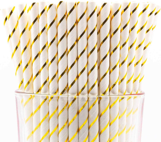 Pack of 300 Gold Foil Stripes Biodegradable 4-Ply Paper Drinking Straws (Compostable, Non-toxic, BPA-free)