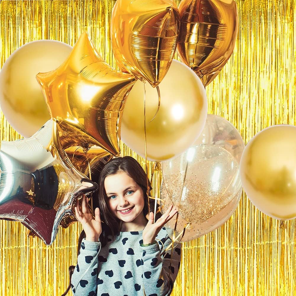 BEISHIDA 2 Pcs Gold Door Streamers Tinsel Curtain Party Streamers Backdrop Fringe Foil Wall Background for Birthday Halloween Christmas Wedding Party Decoration(3.28 ft x 6.56 ft)