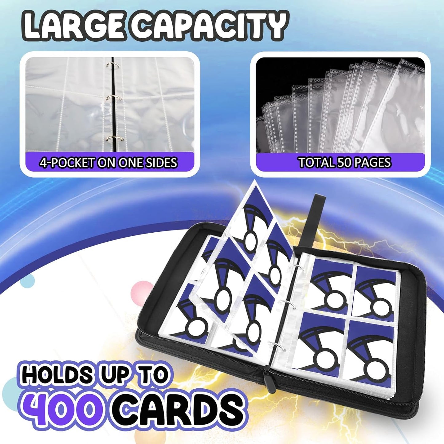 Trading Card Binder 4-Pockets, 400 Pockets Card Holder with 50 Removable Sleeves, Large Capacity & Waterproof Zipper Album Holder for Trading Card Collector, Portable Card Album Book for Card-Blue