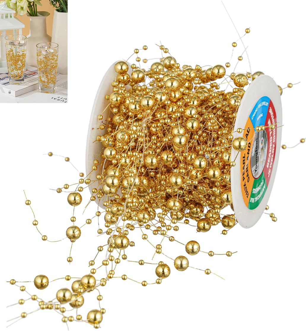 13Feet Pearl String Spool Roll for Floating Candles Faux Pearls Strands Garland for Vase Filler Wedding Centerpiece Christmas Table Decor (Gold)