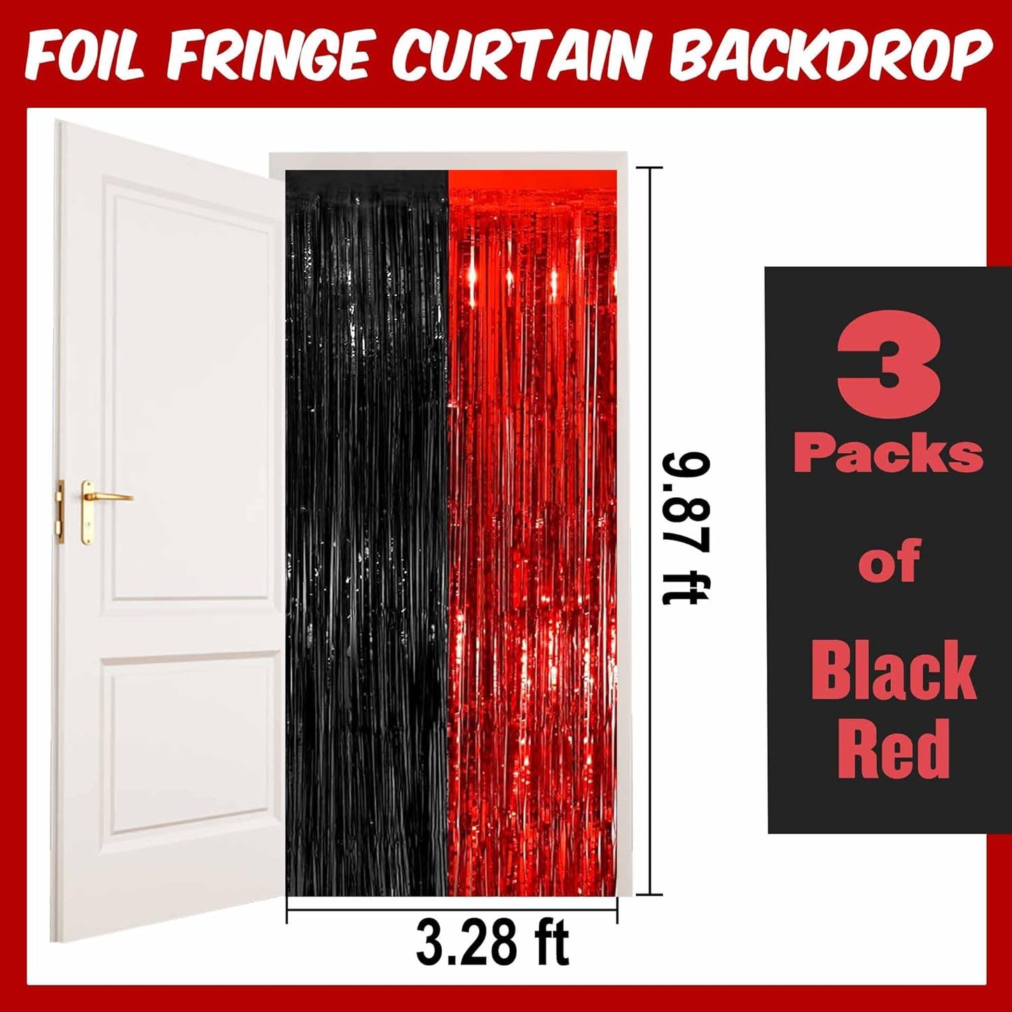 3 Pack Black and Red Foil Fringe Curtains Backdrop, 3.28 x 9.8 Ft Metallic Streamers Tinsel Curtains Background for Photo Booth, Birthday, Halloween, Christmas, New Year Party Decorations