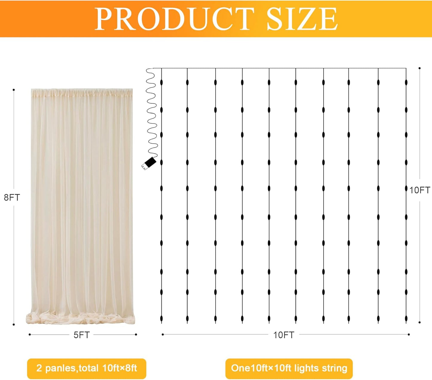 Tulle Backdrop Curtains with Lights String 10FT X 8FT Champagne Sheer Curtain with Lights Tulle Curtains Backdrop for Wedding Birthday Party Photo Shoot (2 Panels 5x8FT)